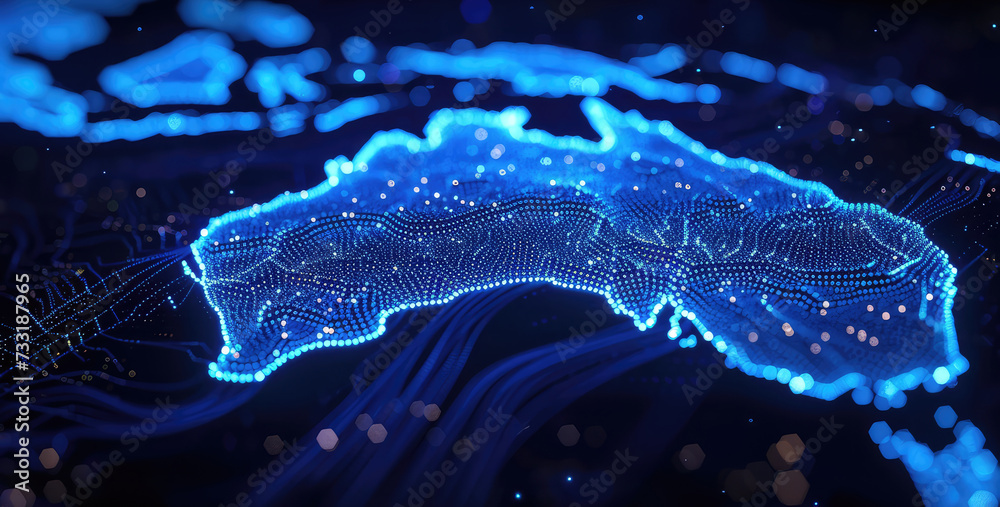 Sticker an abstract image representing the map of australia in a high-tech data flow theme in bright blue co