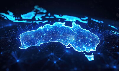 an abstract image representing the map of Australia in a high-tech data flow theme in bright blue colour, navy blue background, artificial intelligence, binary, futuristic, monochromatic