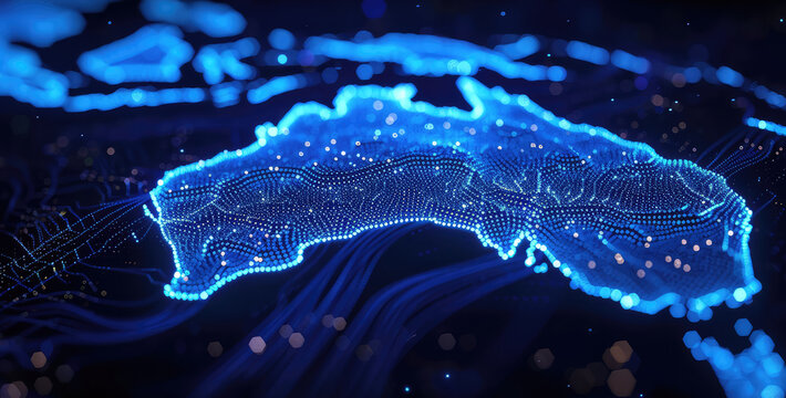 an abstract image representing the map of Australia in a high-tech data flow theme in bright blue colour, navy blue background, artificial intelligence, binary, futuristic, monochromatic