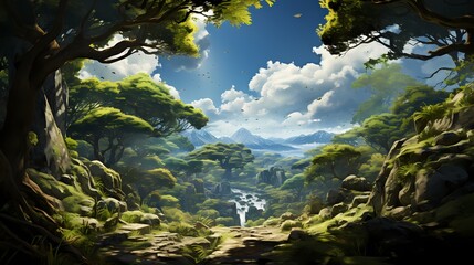 A top view of a tranquil forest with tall trees and dappled sunlight, with blue skies and fluffy clouds peeking through the canopy, creating a serene and magical atmosphere