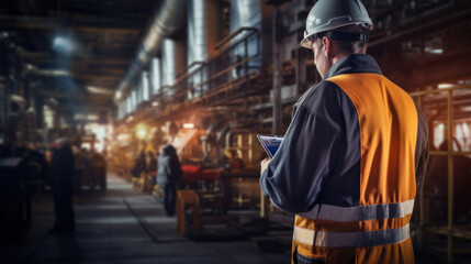 Obraz premium A factory worker inspecting production line tanker in of dairy factory with computer tablet.