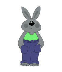 Cartoon toy rabbit in blue jeans and a green T-shirt is standing. Cute animal character. Easter bunny in summer clothes. Hand drawn vector illustration on white background for design of cards, banner.