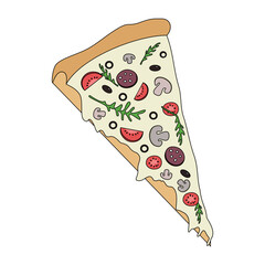 Piece of delicious pizza with sausage, mushrooms, tomatoes, olives, herbs, cheese. Italian fast food cuisine. Style is flat cartoon. Hand drawn vector illustration on white background for menu, 