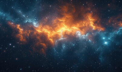 stars over a nebula, in the style of technological sense, azure and amber, light amber and sky-blue, rollerwave, light crimson, iconic, cyberpunk