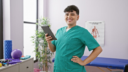A confident man in scrubs holding a tablet inside a modern rehab clinic with exercise equipment in...