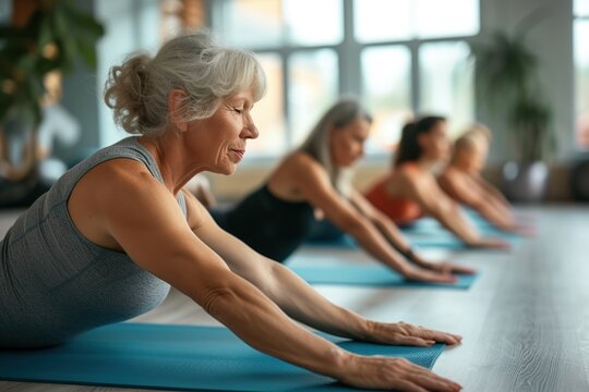 Group of senior women doing yoga stretching exercises in studio