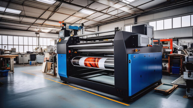 A large wide digital printer machine during production in background of modern print shop.