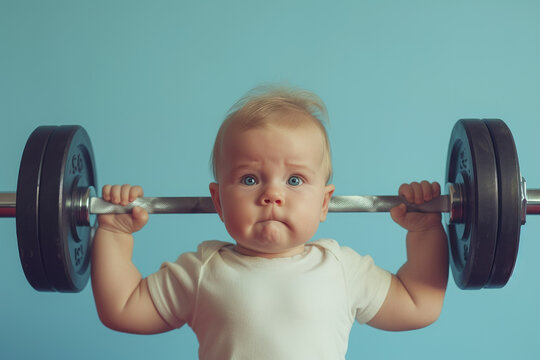 Dive into the world of infant fitness with this captivating image of a strong baby playfully engaging in a weightlifting workout, blending humor with health.