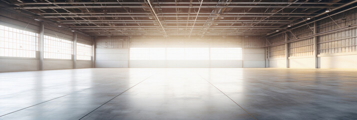 Concrete floor inside industrial building. Use as large factory, warehouse, storehouse, hangar or plant.