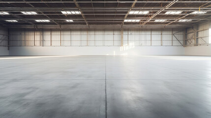 Concrete floor inside industrial building. Use as large factory, warehouse, storehouse, hangar or plant.