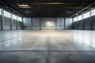 Concrete floor inside industrial building. Use as large factory, warehouse, storehouse, hangar or plant.