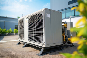 Condenser unit or compressor outside factory plant. Unit of ac air conditioner, heating ventilation or hvac air conditioning system.