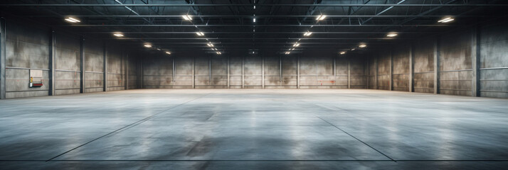 Concrete floor inside industrial building. Use as large factory, warehouse, storehouse, hangar or plant. - obrazy, fototapety, plakaty
