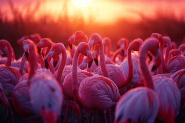 Flamingos at Lake in sunrise Golden Hour - obrazy, fototapety, plakaty