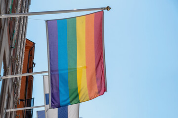 LGBT Gay pride sign symbol. Rainbow flag, LGBTQ community rights, love, marriage, adoption. Space