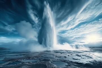 Great geysir erupting by water and steam