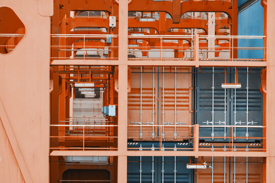 Empty Cargo Row Tier Bay On The Cellular Container Vessel Fitted With Cell Guides