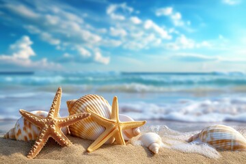 Fototapeta na wymiar Seashells and starfish on sandy beach on ocean background