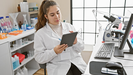 Young hispanic woman in a lab coat examines a tablet in a modern laboratory setting, surrounded by scientific equipment.