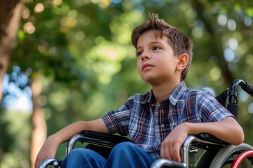 Disabled little boy sitting in wheelchair in the park