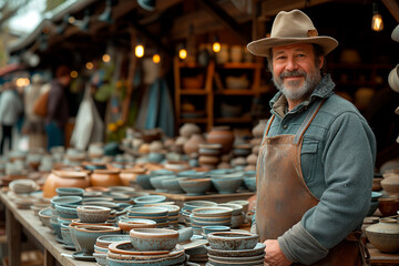 Potter at market stall showcasing array of handmade ceramic items, illustrating connection between artisan and end user