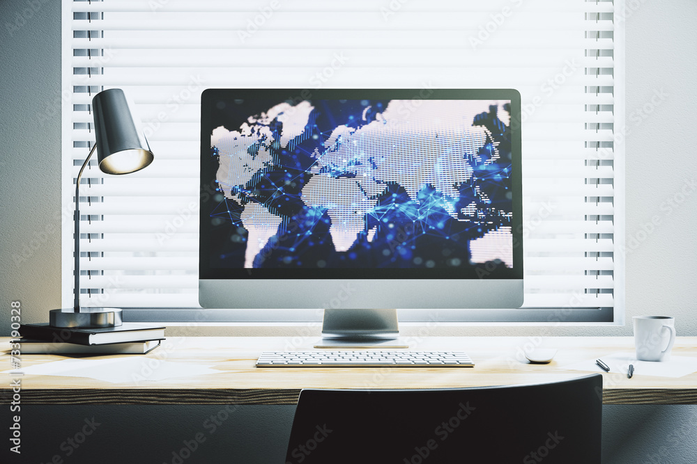 Fototapete modern computer display with abstract graphic world map, big data and networking concept. 3d renderi