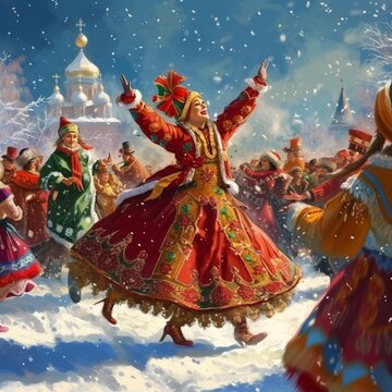 A lively maslenitsa celebration with people dancing in colorful traditional costumes around a towering bonfire, sparks flying into the night sky, laughter and music filling the air