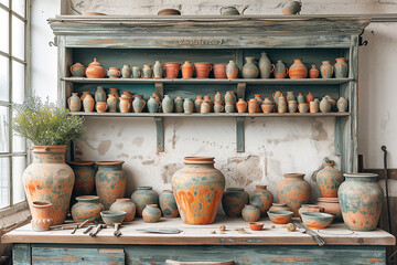 Fototapeta na wymiar Artisan's workplace filled with tools, clay, and unfinished ceramic pieces, providing a glimpse into the crafting journey of handmade pottery