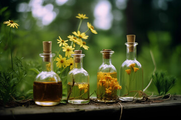 Obraz na płótnie Canvas Flowers and petals in a glass jar, beautiful nature, science, chemistry, lab