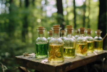 Flowers and petals in a glass jar, beautiful nature, science, chemistry, lab