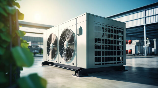 Condenser unit or compressor outside factory plant. Unit of ac air conditioner, heating ventilation or hvac air conditioning system.