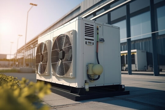 Condenser unit or compressor outside factory plant. Unit of ac air conditioner, heating ventilation or hvac air conditioning system.