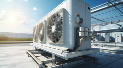 Condenser unit or compressor outside factory plant. Unit of ac air conditioner, heating ventilation or hvac air conditioning system. - obrazy, fototapety, plakaty