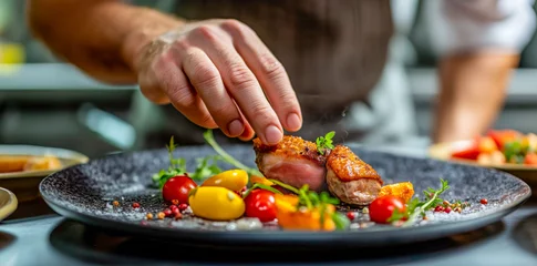 Fotobehang Chef Arranging Sliced Duck with Colorful Vegetable Medley on Plate   © Infini Craft