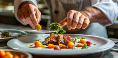 Fotobehang Chef Plating Duck Breast with Seasonal Vegetables for a Gourmet Meal  © Infini Craft