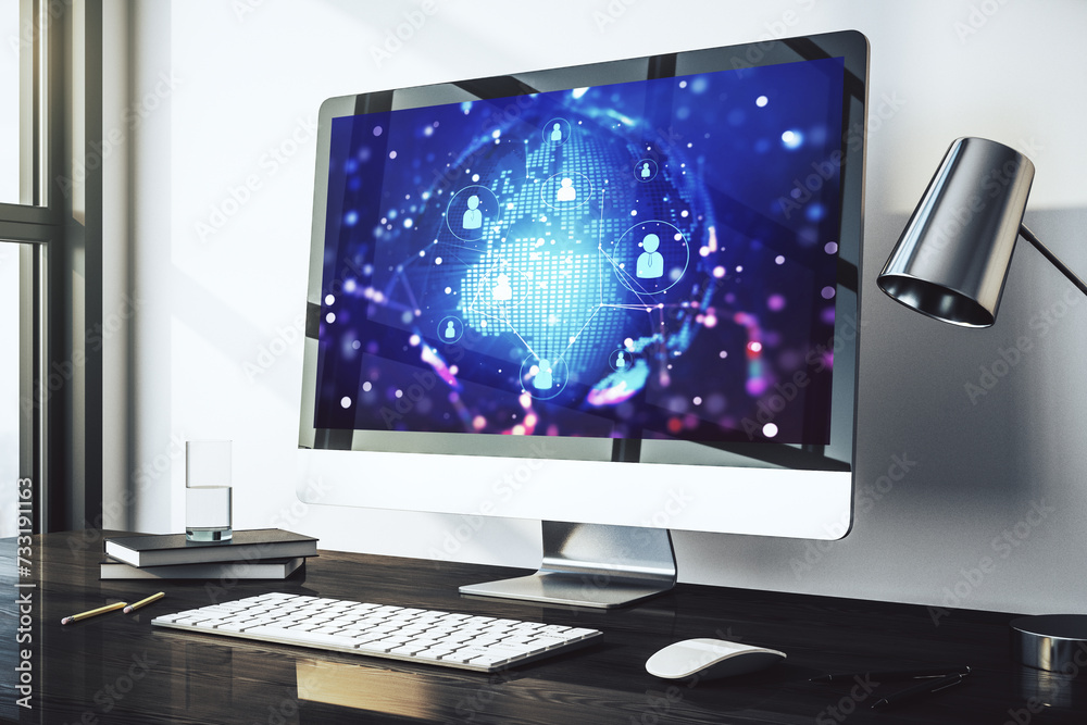 Poster social network concept with world map on modern laptop screen. 3d rendering
