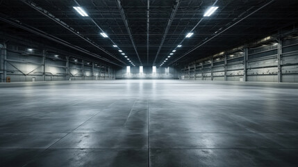 Empty floor, interior of industrial, commercial building. Construction by metal, steel, concrete. Modern factory, warehouse, hangar for backgroud.