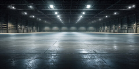 Empty floor, interior of industrial, commercial building. Construction by metal, steel, concrete. Modern factory, warehouse, hangar for backgroud.