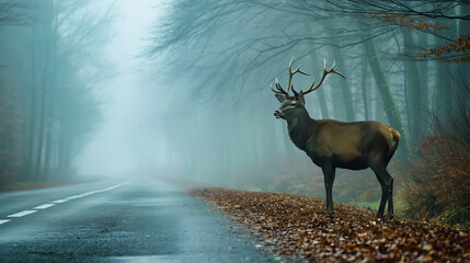 Majestic red deer stag with antlers standing on the road in the foggy forest.
