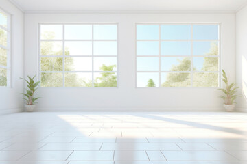 Fototapeta premium Empty space in room, window and light. Modern interior home design look clean, bright, shiny surface with texture pattern for background. white tile floor.