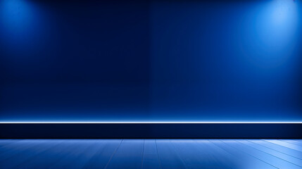 Blue empty room with floor and wall illuminated by spotlights
