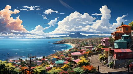 A top view of a vibrant rainbow spanning across a serene coastal town, with fluffy clouds and colorful houses, inviting you to explore its charming streets