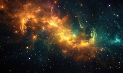 starry space, black background, star clusters, green and yellow nebula, colorful