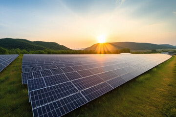 Field or solar power plant consist of photovoltaic cell in panel, landscape. Industry and technology for electric, electricity generation. Clean green power energy.