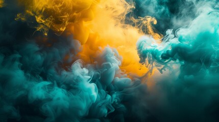 A burst of vibrant chartreuse, cosmic teal, and sunlit gold smoke swirling artistically against a deep obsidian backdrop, creating a bold and energetic abstract composition.  - obrazy, fototapety, plakaty