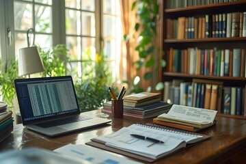 A peaceful home office space with a laptop open to a spreadsheet, surrounded by books, plants, and the glow of natural light.