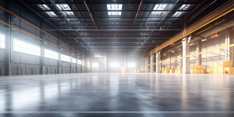 Modern factory, warehouse, shop or store, space on concrete floor for industrial.