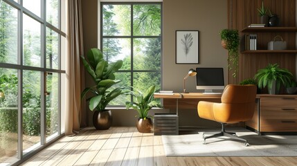 Fototapeta na wymiar Stylish home office featuring a sleek desk and modern decor