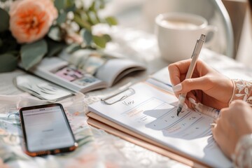 A close-up shot capturing the serene moments of wedding planning, featuring a bride's hand writing in a planner, a delicate cup of coffee, and floral decor