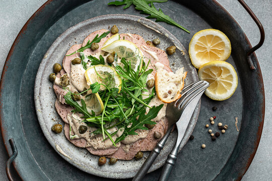 Vitello Tonnato, traditional Italian food, view from above